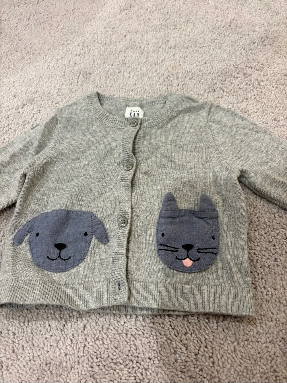GAP Gray Knit Cardigan with Cute Animal Pocket Appliqués 6-12 mo